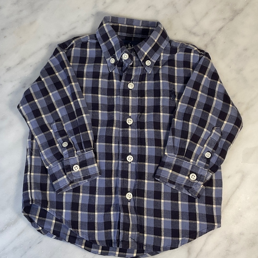 Ralph Lauren Blue Plaid Button down Shirt Size small 3-6 months